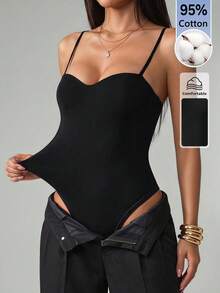 SHEIN PETITE 95%棉、加墊、免內衣、休閒、極簡、復古、優雅、百搭，適合上班、海灘裝、度假穿搭，女款夏季套裝，性感無肩帶露背女式連身衣 - 黑色 - 查看 3