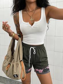 SHEIN HypeZone Women's Solid Color Patchwork Camouflage Fashion Summer Casual Elastic Waist Sports Shorts - Army Green - View 4