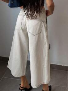 DAZY Quần jeans nữ ống rộng dáng suông, dài 3/4, thiết kế cạp nút, phong cách thường ngày - Màu Khaki - Xem 2