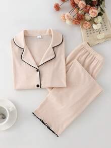 Set pigiama da casa da 2 pezzi per ragazze, elegante classico alla moda minimalista, dolce e carino, casual primavera/estate, colore albicocca chiaro/kaki, in morbido tessuto lavorato a maglia delicato sulla pelle, con top a maniche corte con colletto e pantaloni lunghi - Cachi - Visualizzare 3