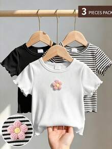 SHEIN 3pcs/Set Girls Korean Style Ribbed Short Sleeve Tops, Solid Color & Striped Combination, Handmade 3D Flower Applique + Frill Cuff Round Neck, Daily Innerwear & Outerwear, Suitable For Spring, Summer, Early Autumn - Multicolor - View 3