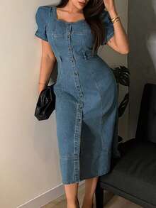 Dazy Plus Dark Wash Blue Square Neck Puff Sleeve Fitted Maxi Denim Dress, Spring/Summer - Dusty Blue - View 2