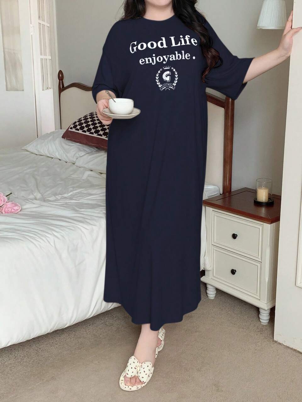 Dazy Plus Plus Size Letter Print Loose Straight T-Shirt Style Long Nightgown, Summer Pajamas