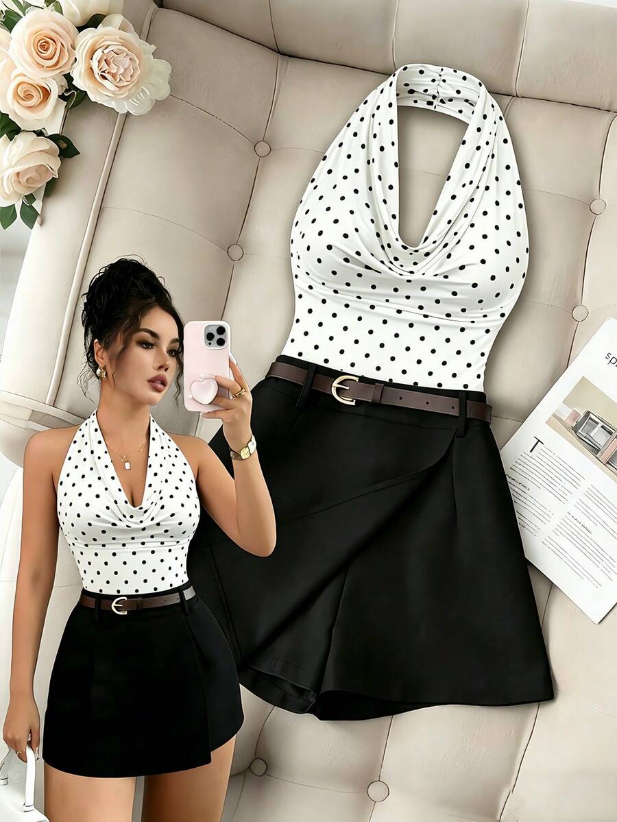 Franclia Casual Fashion Commuter Versatile Solid Color Pleated Halterneck Halter Neck Top Paired With Black Skort (Includes Belt) 2-Piece Set - White - View 1