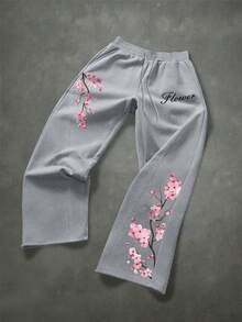 Manfinity EMRG 男士休闲日常通勤度假风樱花字母印花抽绳腰宽松阔腿运动裤 - 灰色 - 查看 3