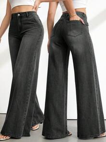 SHEIN Tall 女款高腰純色寬腿牛仔褲，春夏度假休閒街頭風 - 黑色 - 查看 9