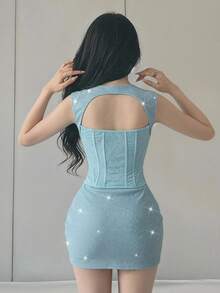 Sweetina 女款2件組蕾絲收腰拼接上衣與迷你緊身裙套裝 - 藍色 - View 2