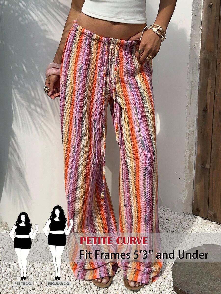 SHEIN PETITE CURVE 大尺碼女款低腰休閒彩色條紋鉤編直筒長褲,適合度假、海灘、旅行、沙灘與音樂節 - 彩色 - 查看 1