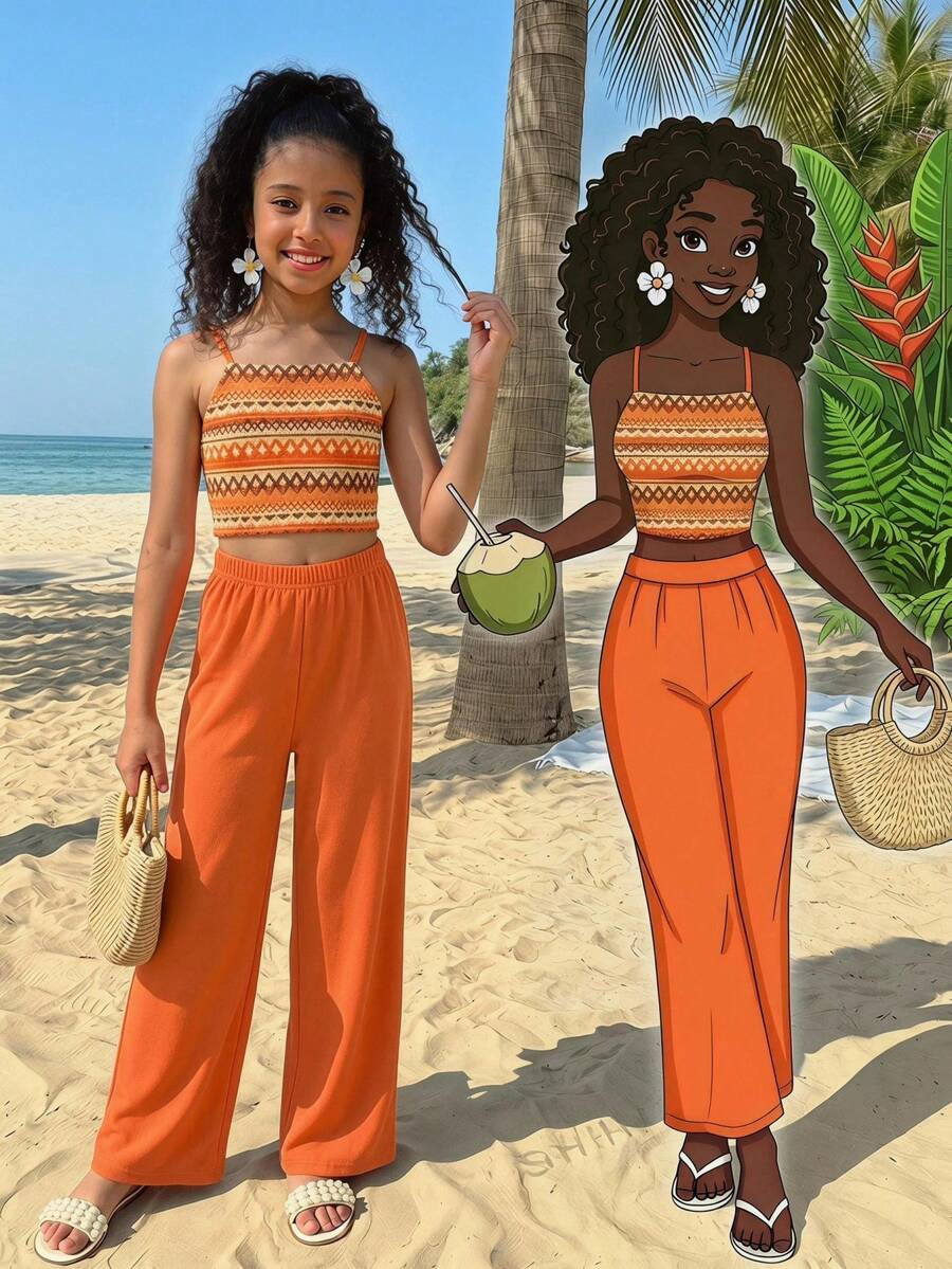 Tween Girls Vacation Bohemian Totem Floral Camisole Top + Loose Straight Leg Pants Woven Vest Set - Orange - View 1