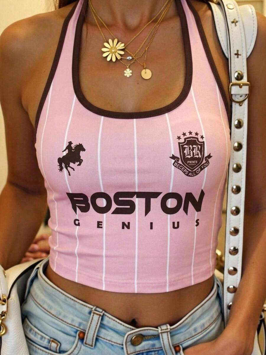 SHEIN EZwear 休閒極簡運動風定位印花女款修身掛脖背心上衣,適合夏季運動賽季球類運動 - 彩色 - 查看 1