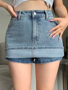 Dazy Tall 女款休閒牛仔迷你裙，附口袋與拉鍊，性感時尚夏季款，適合高個女性 - 中等水洗藍 - 查看 4
