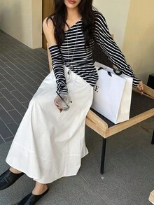 Dazy Tall 女款彈性腰長裙，度假風，適合高個女性 - 白色 - 查看 2
