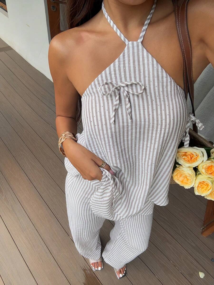 Livesso Women's 2 Pieces Set With Halter Neck Bow Grey Top And Casual Long Pants Beach Vacation Summer - Pink - View 1