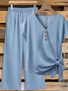 EMERY ROSE EMERY ROSE Setelan Wanita Atasan Lengan Panjang Leher V dengan Kancing dan Celana Panjang Pinggang Elastis Bahan Denim untuk Liburan Musim Panas di Pantai, Warna Biru Muda Kasual - Biru - View 3