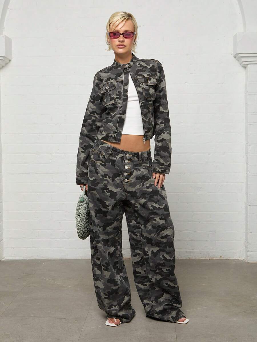 COUREZ Celana Jeans Low Rise Camo Medium Balloon dengan Kancing Terbuka /Outfit Musim Panas Y2K untuk Wanita, Pakaian Kasual Musim Panas, Celana Jeans untuk Pergi Keluar, Pakaian Festival Musim Panas - MultiWarna - View 1