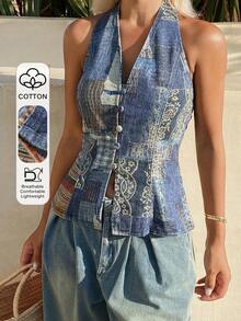 Livesso Women's Denim Spaghetti Strap Backless Cropped Tank Top, Summer Floral All-Over Print, Blue, Slim Fit, Casual Vacation StyleWedding Vacation, Beach - Blue - View 1