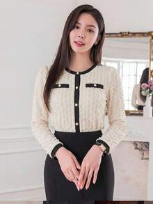 DAZY Spring Summer Autumn Round Neck Long Sleeve Apricot Color 3D Jacquard Fabric Slim Fit Women's T-Shirt School - White - View 1