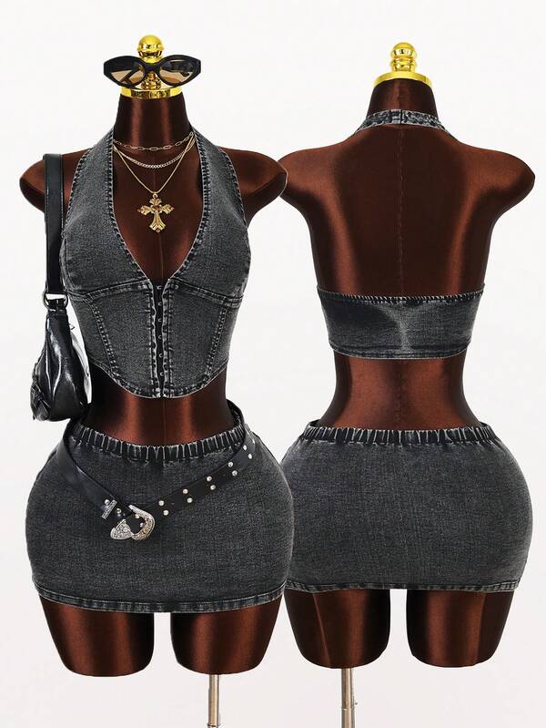 Amplova Bộ đồ nữ mùa hè gợi cảm gồm áo yếm hở lưng và chân váy denim