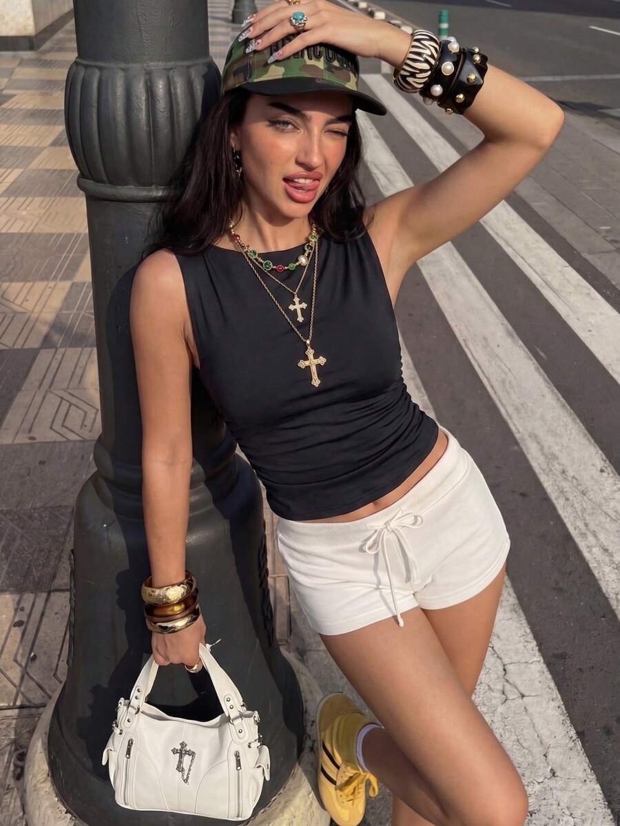 Comfortcana Comfortable Minimalist White Drawstring Fitted Shorts, Chic, Suitable For Outings, Beach Vacations, Festivals, Wedding Parties, Y2K - White - View 1