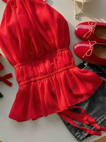 SHEIN EZwear 春夏紅色百褶掛脖收腰露背綁帶背心上衣 - 紅色 - 查看 6