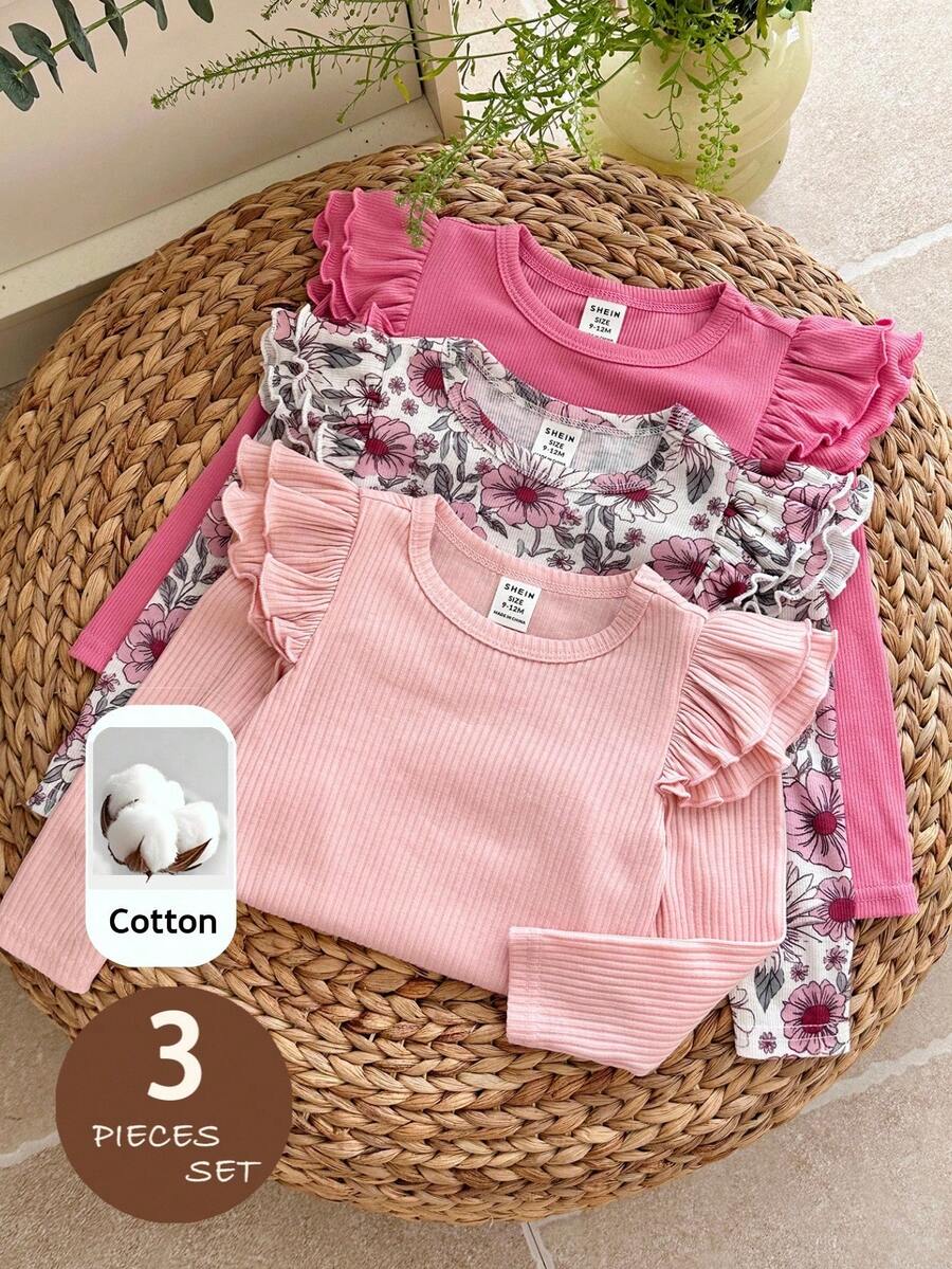 SHEIN 3pcs Baby Girl Knitted Solid & Ditsy Floral Round Neck Ruffle Trim Top Set - Multicolor - View 1