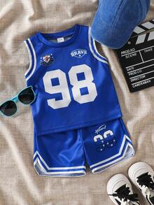 SHEIN 2pcs/Set Baby Boy Spring/Summer Street Style Sports Birdseye Fabric English Letter & Number Digital Print Round Neck Sleeveless Tank Top & Elastic Waist Shorts, Suitable For Baby Boy Fashion Outfits, Outdoor Sports, Photography, Etc. - Blue - View 1