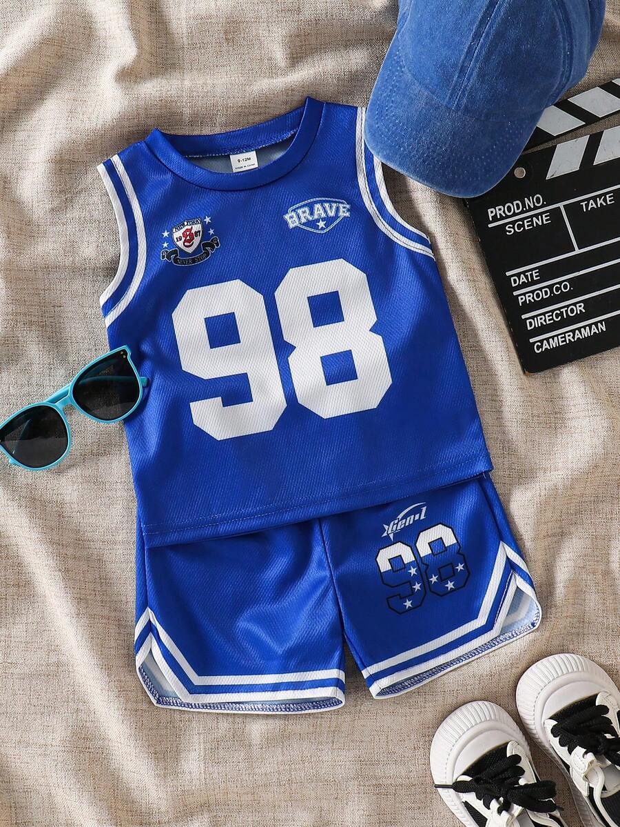 SHEIN 2pcs/Set Baby Boy Spring/Summer Street Style Sports Birdseye Fabric English Letter & Number Digital Print Round Neck Sleeveless Tank Top & Elastic Waist Shorts, Suitable For Baby Boy Fashion Outfits, Outdoor Sports, Photography, Etc. - Blue - View 1