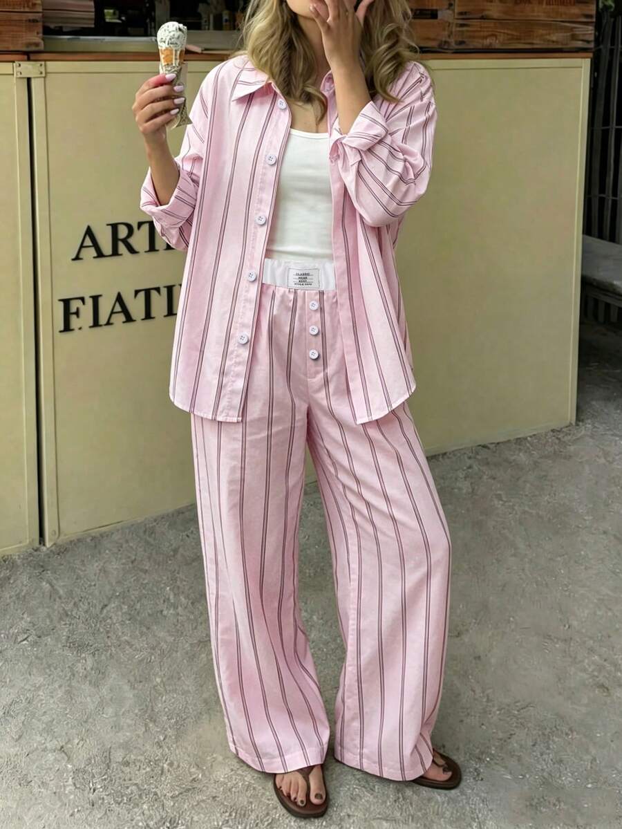 SHEIN Bộ 3 món áo sơ mi tay dài sọc in kỹ thuật số màu vàng, quần dài đen và áo hai dây, phù hợp đi chơi mùa xuân và mùa hè - Hồng - Xem 1