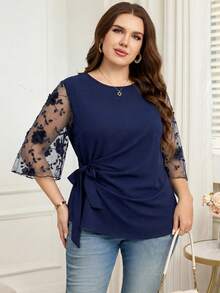 SHEIN Clasi Plus Size Women's Patchwork 3D Flower Decor Mesh Flare Sleeve Fashion Blouse Fall - Blue - View 8