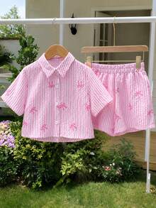 SHEIN 女童休閒粉色條紋襯衫短褲兩件套 - 粉色 - 查看 3