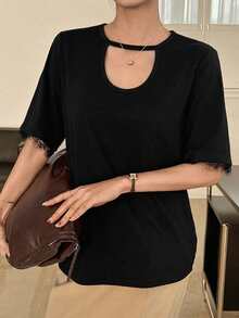 DAZY Women's Summer Round Neck Short Sleeve Lace Patchwork Casual Pullover T-Shirt - Black - View 7