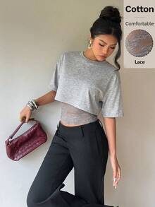 Siren Gaze 2合1設計女款蕾絲拼接2合1短袖T恤，夏季Y2K外出上衣 - 淺灰色 - 查看 5
