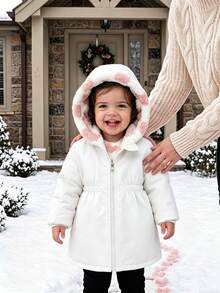 SHEIN Playful Pals 2件組可翻面女嬰幼童秋冬百搭萬能休閒加厚愛心絨毛法蘭絨收腰長版大衣保暖外套 - 白色 - 查看 4