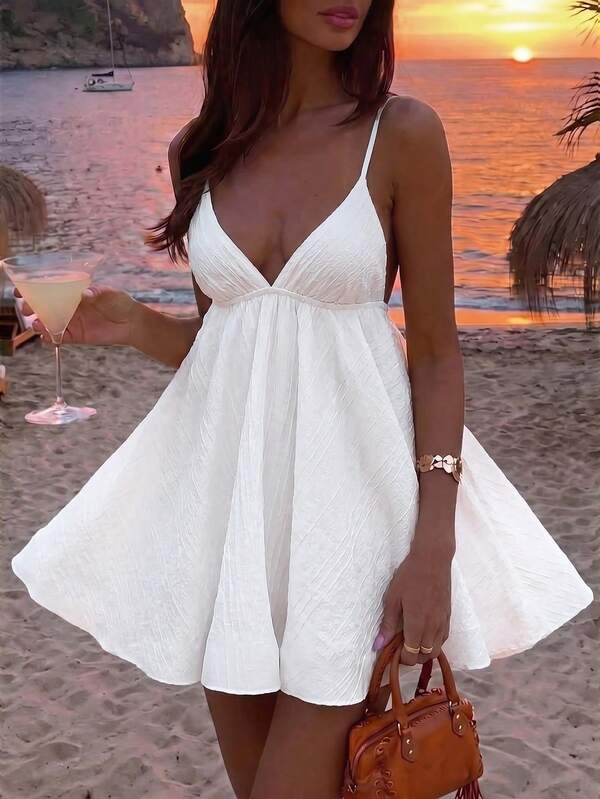 Aloruh Women's Solid Color Deep V-Neck Tropical Cami Mini Dress For Vacation Beach Vacation White Summer Sexy
