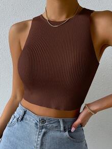 Breezaya Nervürlü Örgü Sade Gündelik Women Knit Tops - Kahve Kahverengi - Görünüm 8