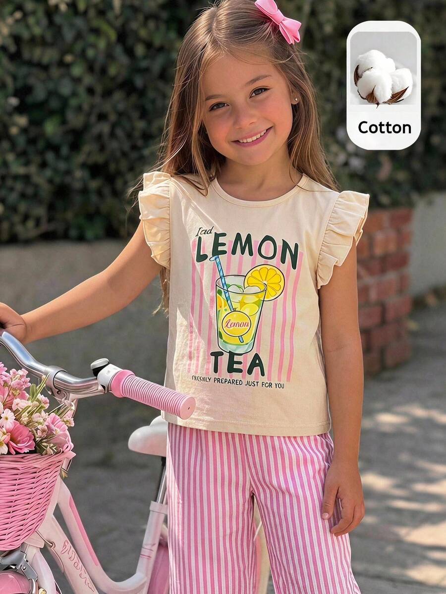 SHEIN Young Girl Woven Solid Color Round Neck Ruffle Top And Loose Casual Ditsy Floral Pants 2-Piece Set - Multicolor - View 1