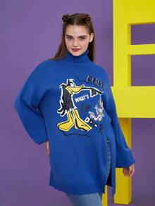 LOONEY TUNES X SHEIN Talla grande Jersey con patrón de dibujos animados de hombros caídos - Azul - Ver 3