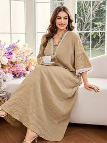 Al Najma Plus Size Women Arabic Style Dress - Khaki - View 7