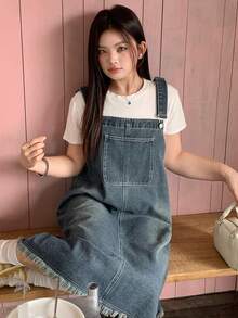 Dazy Plus Dark Wash Distressed Denim Overall Maxi A-Line Dress, All Season - Medium Wash - View 7