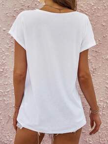 SHEIN LUNE Plus Size Women Casual Solid Color Round Neck Pocket Short Sleeve T-Shirt - White - View 2