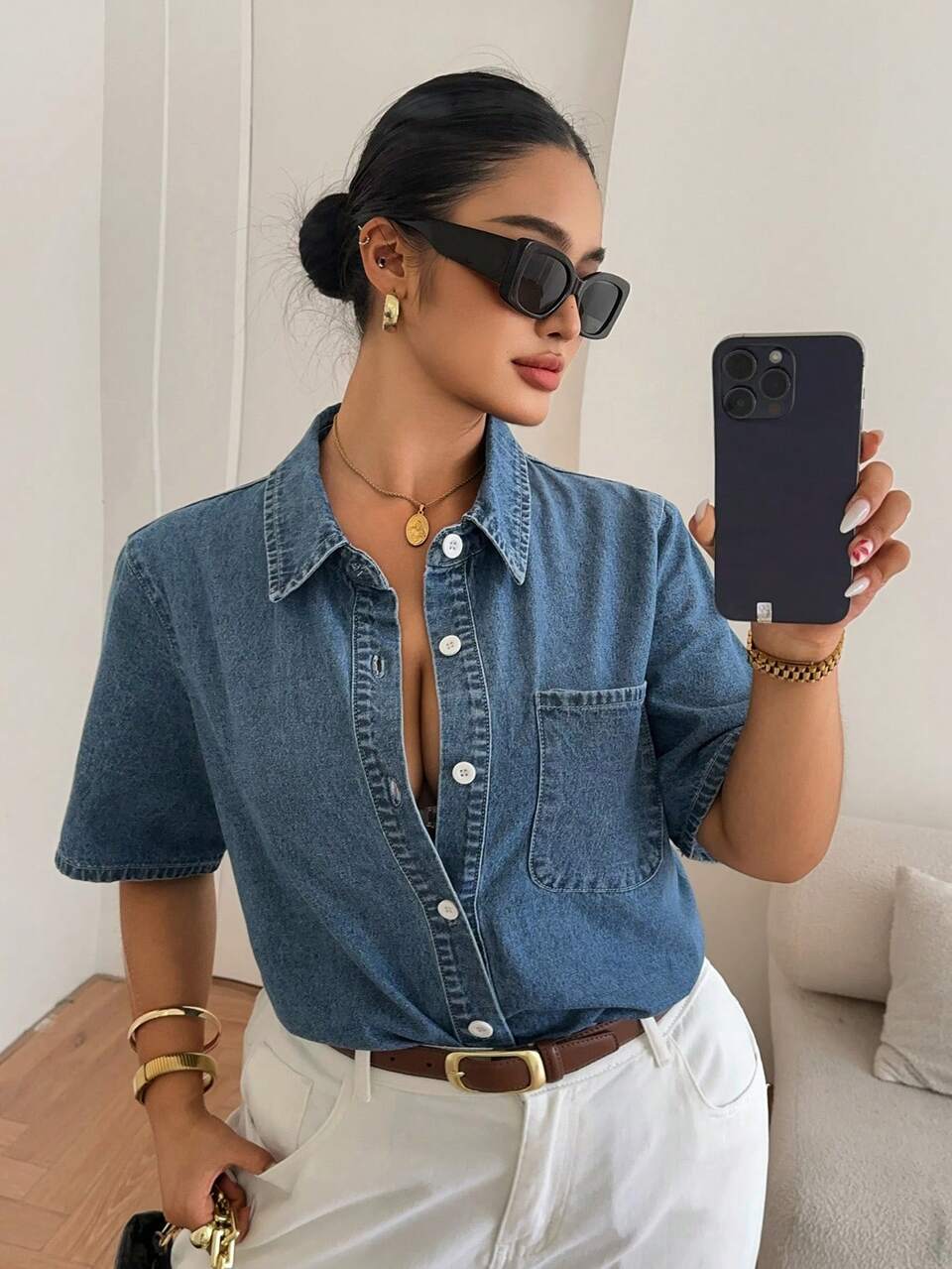 Dazy Plus Plus Size Women's Solid Color Washed Denim Turndown Collar Loose Short Sleeve Shirt, Spring/Summer Cowgirl Denim Top