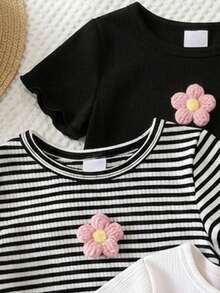SHEIN 3pcs/Set Girls Korean Style Ribbed Short Sleeve Tops, Solid Color & Striped Combination, Handmade 3D Flower Applique + Frill Cuff Round Neck, Daily Innerwear & Outerwear, Suitable For Spring, Summer, Early Autumn - Multicolor - View 6