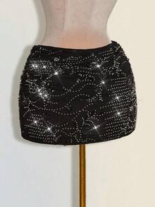 Sweetina Falda ajustada y sexy con pliegues, bordada con lentejuelas para mujer - Negro - Ver 8