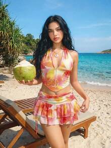 Sweetina 掛脖式紮染花卉印花背心上衣與低腰裙套裝 - 鵝黃色 - 查看 5