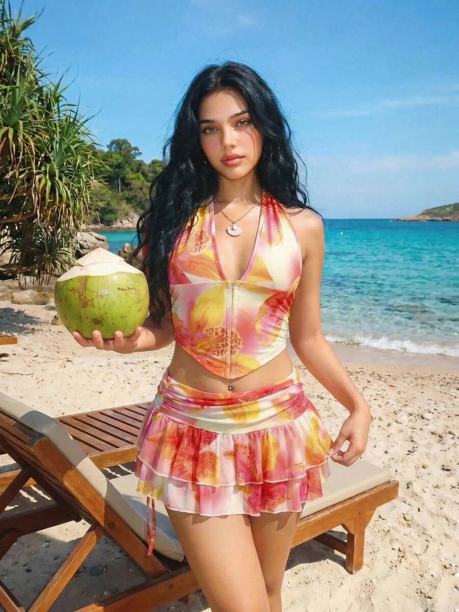 Sweetina Bộ áo tank top cổ yếm họa tiết hoa nhuộm loang và chân váy cạp thấp - Màu vàng ngỗng - Xem 1