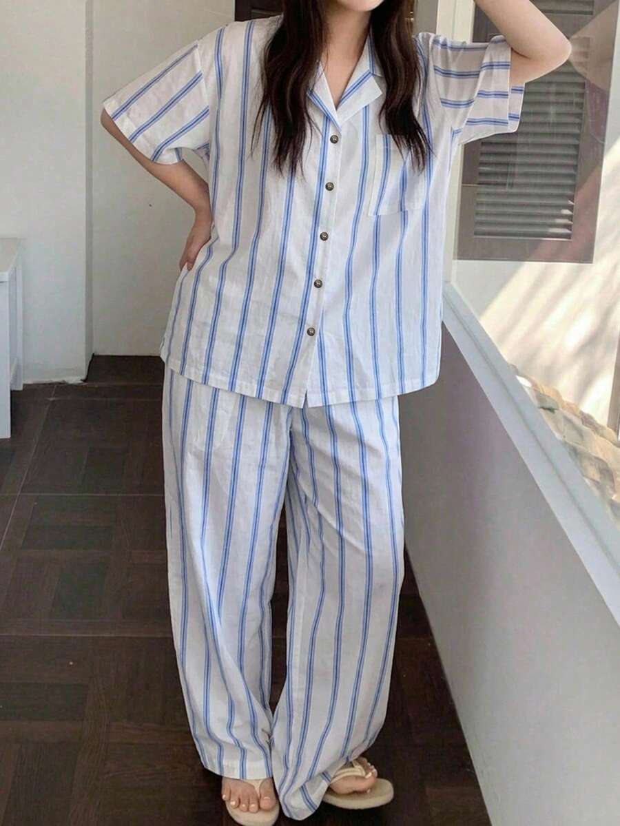 Dazy Plus 2件組女款大尺碼紫色可愛條紋寬鬆短袖上衣 & 長款睡褲家居服套裝,春/夏 - 藍白色 - 查看 1
