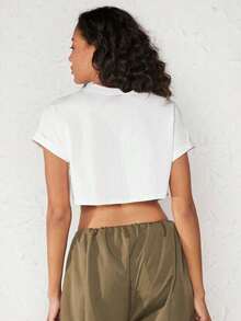 SHEIN BASICS 休閒簡約圓領 95% 棉大尺碼短版 T-Shirt，適合夏季 - 白色 - 查看 4