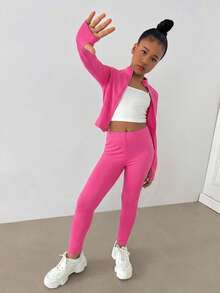 SHEIN Tween Girl 騎士印花拉鍊外套與緊身褲運動套裝 - 玫紅色 - 查看 4