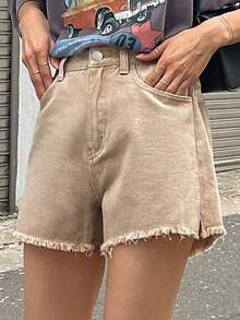 Dazy Tall 女款毛邊開衩休閒牛仔短褲，適合高個女性夏季穿著 - 卡其色 - 查看 9