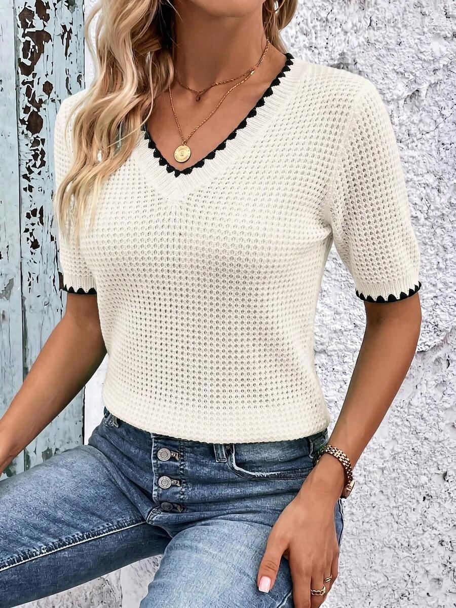 SHEIN Clasi Contrast Color Knit Elegant Daily Top - Black and White - View 1
